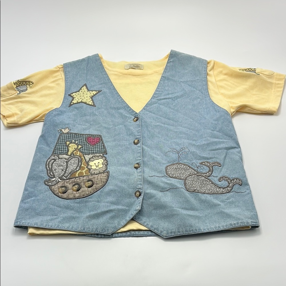 Christopher & Banks Vintage T Shirt Denim Vest Combo Small Women's Yellow Blue